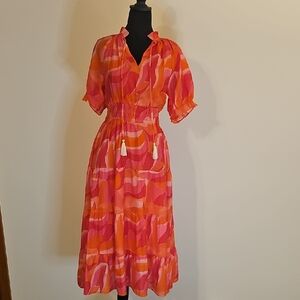 THML Smocked Waist Tiered Orange and Pink Midi Dress